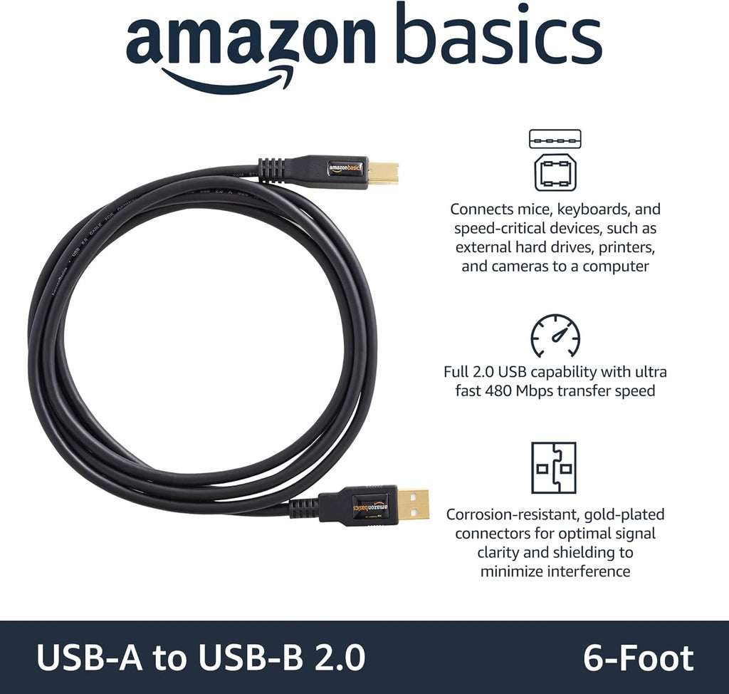 USB-A to USB-B 2.0 Cable for Printer or External Hard Drive, Computer Compatible, Gold-Plated Connectors, Black, 6 Foot