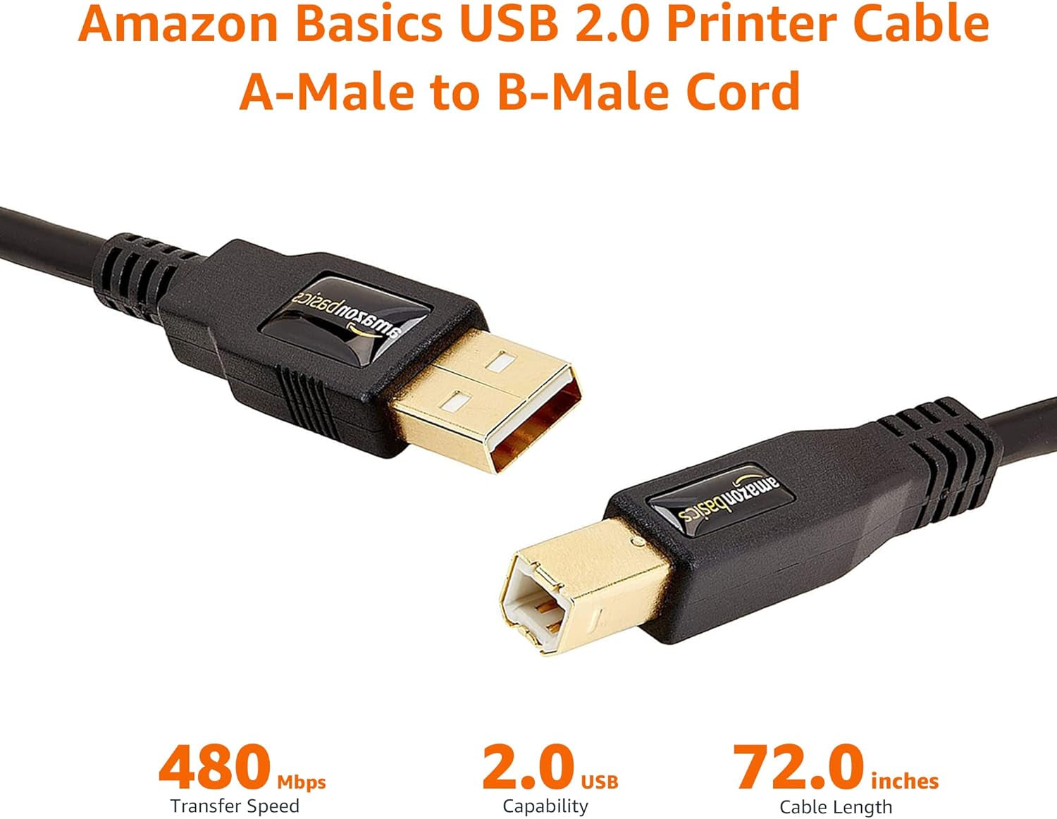USB-A to USB-B 2.0 Cable for Printer or External Hard Drive, Computer Compatible, Gold-Plated Connectors, Black, 6 Foot
